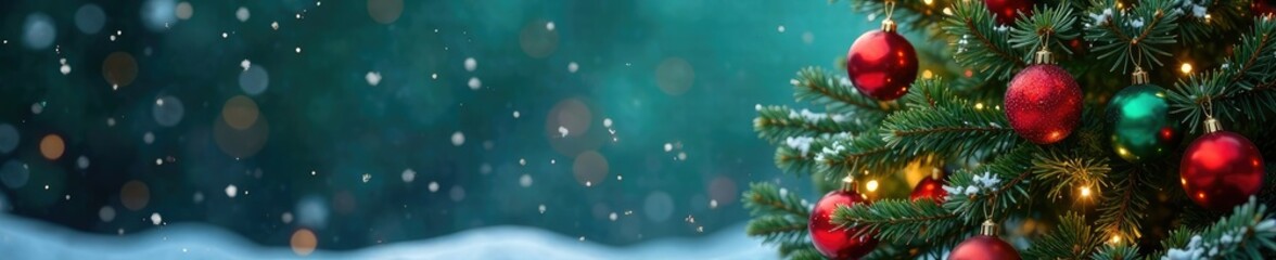 Festive Christmas tree with red and green ornaments and lights isolated on snowy background, decoration, snow