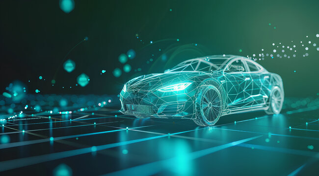 car with an intricate network of digital connections, representing the complexity and scale of artificial intelligence in vehicle technology on dark background