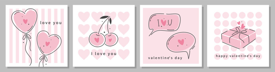 Set of Valentine's day greeting cards. Templates for celebration, ads, branding, poster, cover, banner. Vector illustration.
