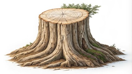 3D Render of Ancient Tree Stump with Roots and Greenery, Nature,Texture, White Background Tree Stump, 3D Render