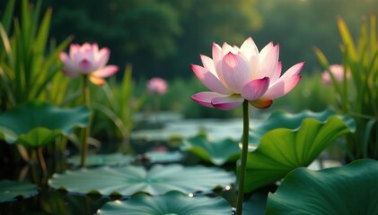 Obraz premium The lotus flower grows among reeds and rushes, reeds, rushes, vegetation