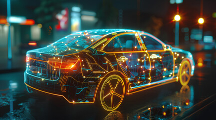 car with an intricate network of digital connections, representing the complexity and scale of artificial intelligence in vehicle technology on dark background