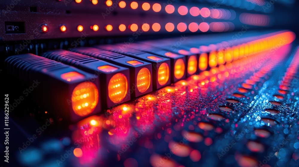 Aufkleber vibrant led displays on high-tech sound mixer device illuminated in studio