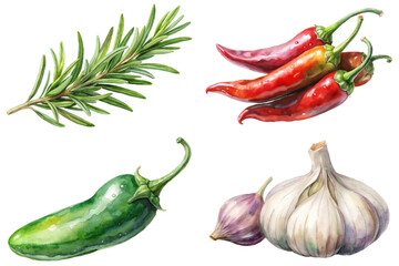 Fresh herbs and vegetables, vibrant watercolor style, culinary ingredients, cooking illustrations, organic produce.