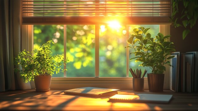 Bright indoor space with plants and an open book on a warm wooden table in the afternoon light
