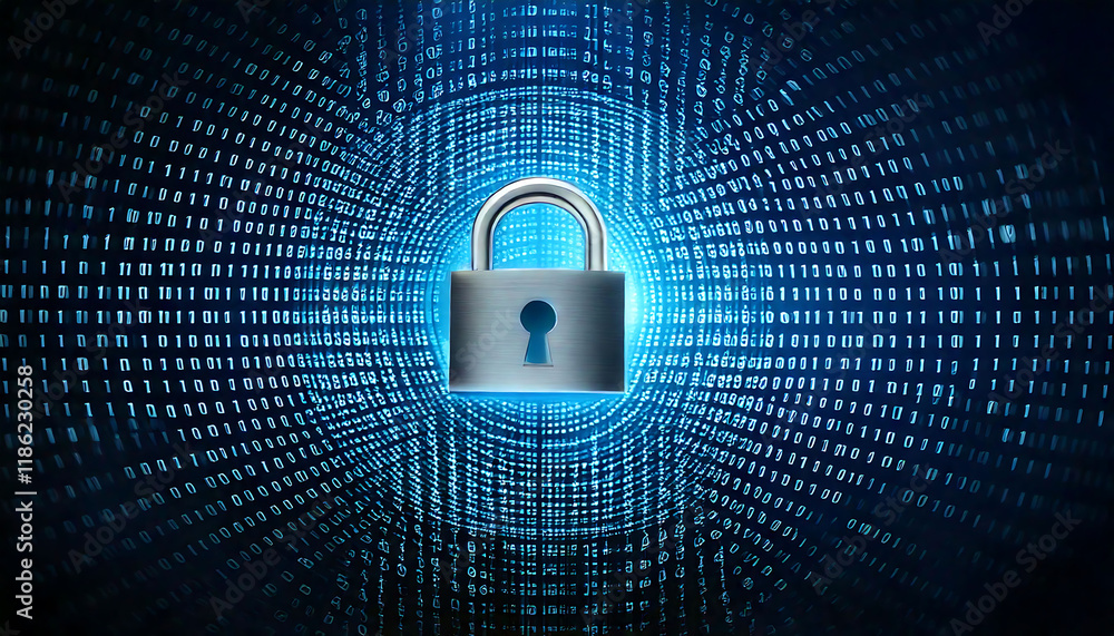 Poster cybersecurity concept: a metallic padlock is centrally positioned against a swirling backdrop of bin