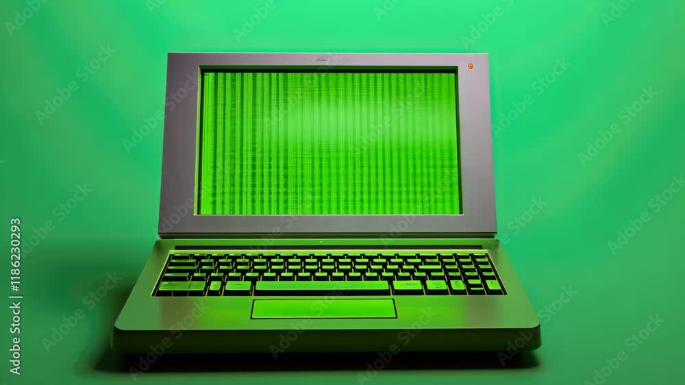 Poster futuristic digital technology retro laptop with glowing green screen displaying code against vibrant