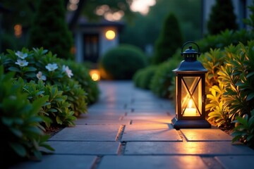 lantern casting a warm glow on a marble tile pathway in the yard, evening, warm light, gardens