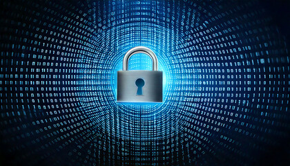 Cybersecurity concept: A metallic padlock is centrally positioned against a swirling backdrop of binary code, symbolizing data protection and digital security.