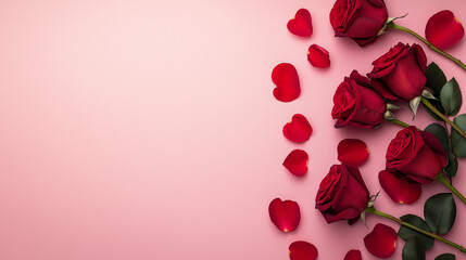 Red Roses and Petals on a Pink Background