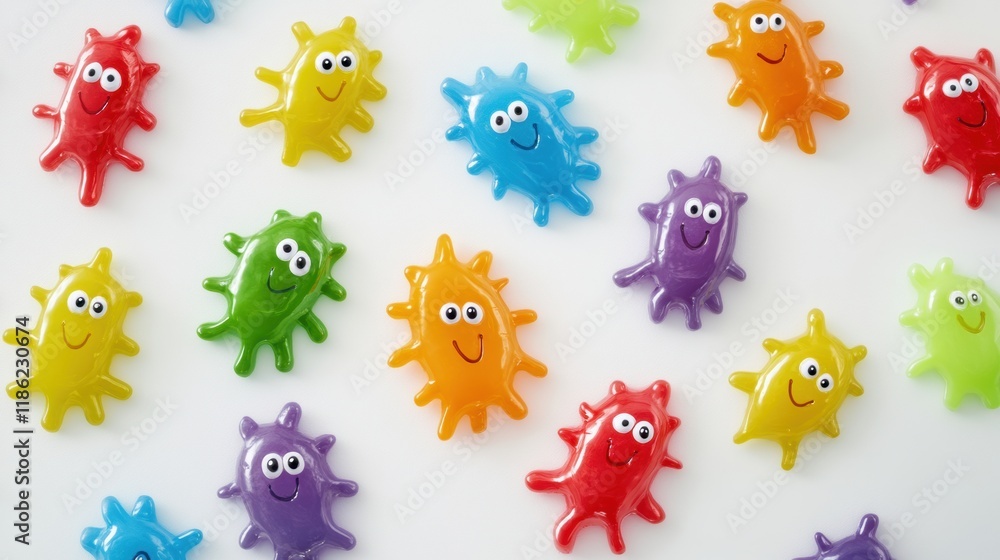 Fototapete Bright cheerful microbes with smiles and eyes spread joy in a colorful array on a clean surface. Generative AI