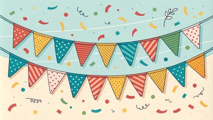 Colorful Bunting Party Flags Illustration Flat Design, Festive Concept, vector, celebration Party Decorations, Festive Background