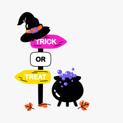 Trick or treat sign with witch hat and cauldron in flat vector illustration symbolizing Halloween spirit, magic, and festivity, isolated on white background