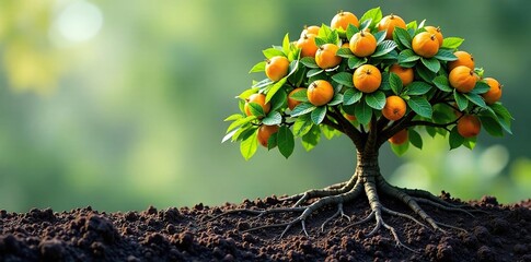 A tree covered in oranges with its roots visible in the soil, garden, botanical, foliage
