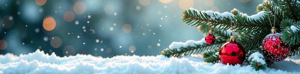 Fototapeta premium A winter wonderland scene with snow-covered pine branches and ornaments, ornament, winter, holiday