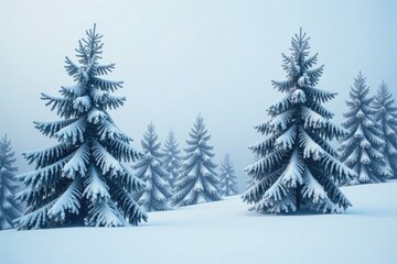 Obraz premium Frost-covered pine trees amidst a blanket of white snow, frosty, frozen, cold