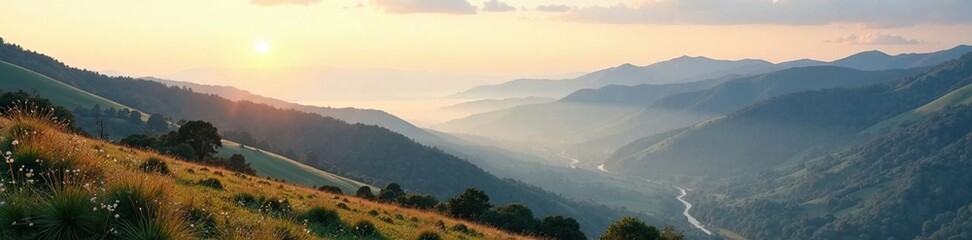 Fototapeta premium Distant landscape with misty valley and rolling hills, hill, sky, mountains