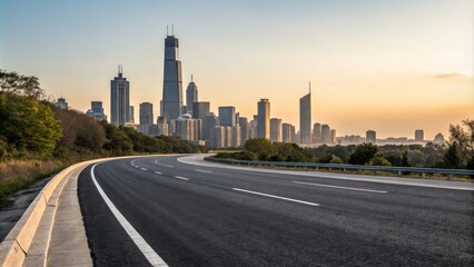 Fototapeta premium Curving Asphalt Road Towards City Skyline at Sunset, Landscape Photography, Urban Scenery Cityscape, Highway