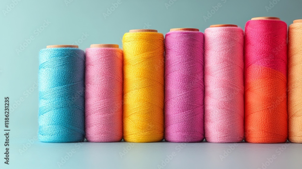 Poster colorful spools of thread arranged in a row on a green background for crafting and sewing projects