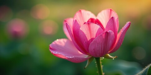 Gentle morning dew drops glisten on pink petals slowly unfolding delicate green stem, bloom, dew, serene