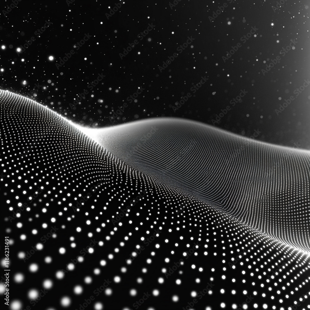 Poster dynamic black and white landscape featuring illuminated dots creating a futuristic atmosphere