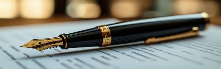 Luxury fountain pen on a financial report with blue charts. Ideal for business, finance, and professional themes.