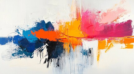 Fototapeta premium Vibrant Abstract Painting Bold Strokes of Orange Pink and Blue Hues on White Canvas