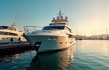 Naklejka premium Luxury yacht moored in marina at sunrise. Calm water reflects boat. Yachts, boats visible in harbor. Scenic view of beautiful port. Vacationers relaxing at docks. Maritime atmosphere. Sunny day