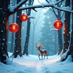 Frosty forest with reindeer ornaments hanging from branches, winter wonderland, holiday ambiance