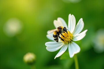 Obraz premium Small bumblebee collecting nectar from a single white clover flower, bumblebee, gardening, nature