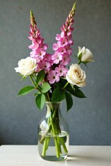 Obraz premium Tall and slender Salvia trilobata with white roses in a long glass vase, nature photography, vases, trilobata