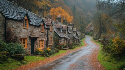 Obraz premium Charming cottages line a winding road through a misty autumn landscape in a quaint village
