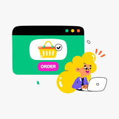 Woman ordering online in flat vector illustration symbolizing e commerce, online shopping, and digital purchases, isolated on white background