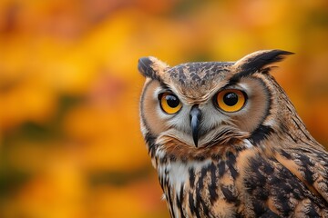 Fototapeta premium Beautiful owl with intense orange eyes in golden fall background