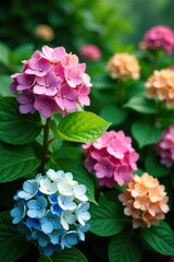 Obraz premium Hydrangea blooms in a lush green garden with other flowering plants, flowers, plant, flower