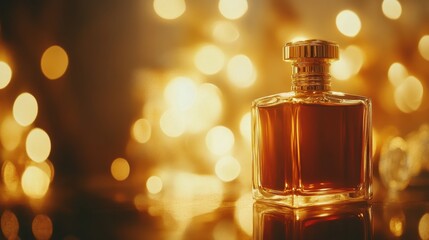 elegant perfume bottles golden caps amber liquid soft bokeh background