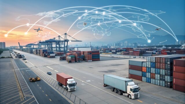 Global Logistics Network Aerial View of Container Port and Transportation, Global Trade, Supply Chain Global Trade, Supply Chain Management