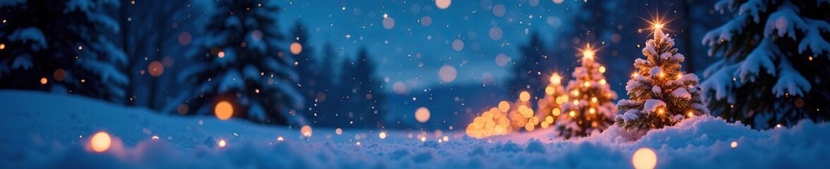 Snowy night sky with twinkling stars and festive lights, Christmas, Bokeh