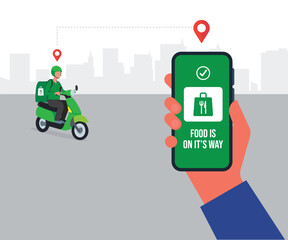 Hand holding mobile application tracking a delivery man stock illustrationHand holding mobile application tracking a delivery man stock illustration
