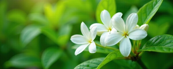 White jasmine flowers blooming in a lush green garden, , garden flowers, foliage