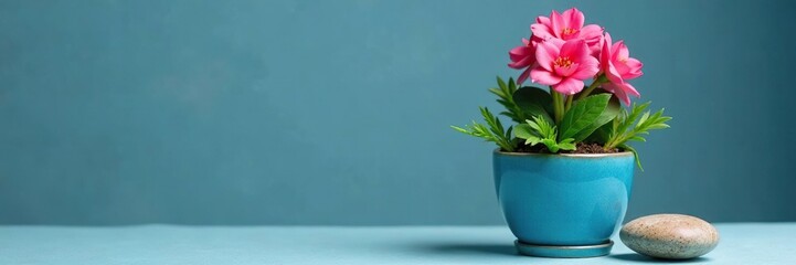 Blue tuberose pot with a few sprigs of greenery and a small decorative stone, , pots with decorations