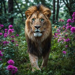 A lion with emerald-green eyes walking through a forest full of neon flowers, set against a magical white background.