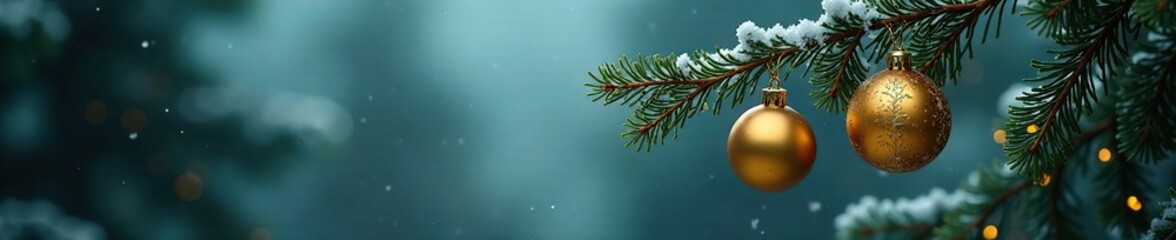 Dark branch of fir with golden ornaments hanging in frosty air, evergreen, frost