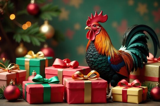 Festively dressed rooster amidst a bed of colorful Christmas presents, Gift-wrapped decorations, colorful arrangements