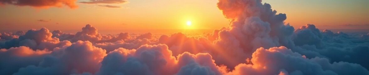 Fototapeta premium Morning sun casts a warm glow on scattered clouds, peaceful, serene