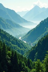 Fototapeta premium Misty mountain valley shrouded in dense greenery, forest, landscape, trees