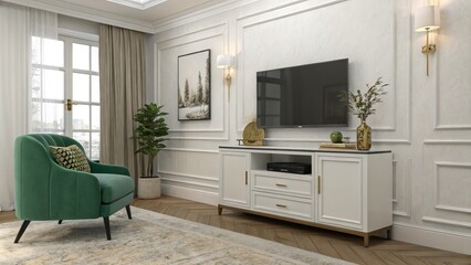 Modern Living Room Composition White Cabinet, Green Chair, Herringbone Floor, TV, Wall Decor, interior design, home decor interior design