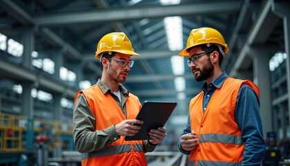 Fototapeta premium Two industrial workers wear safety gear, discuss with tablet. Collaborate in factory workplace. Conversation shows teamwork, professionalism. Modern tech used in operations. Inspect machinery. Image