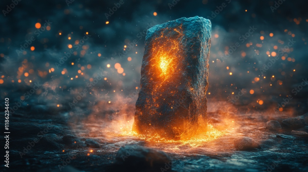 Poster glowing rock surrounded by sparkling particles in a tranquil forest setting during twilight