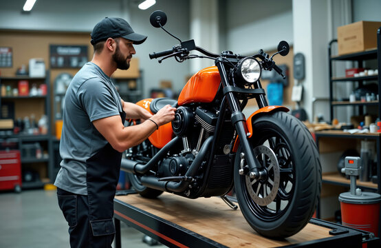 Man inspects custom motorcycle engine on platform in factory. Mechanic works on vintage motorbike in workshop. Pro checks motor parts. Expert looks at engine details. Industrial setting displays